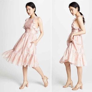 Ulla Johnson Wilda Rose / Pink Floral Midi Dress, Open Back, Ruffles, Size 6